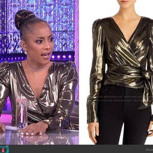 NWT WAYF Lorraine Lamé Metallic Wrap Top Puff Sleeve Gold Size XS